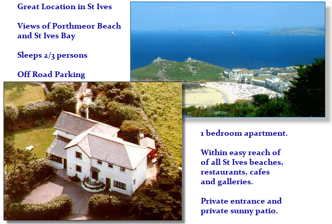 Aerial photo of Sunset St Ives apartment and view over Porthmeor beach